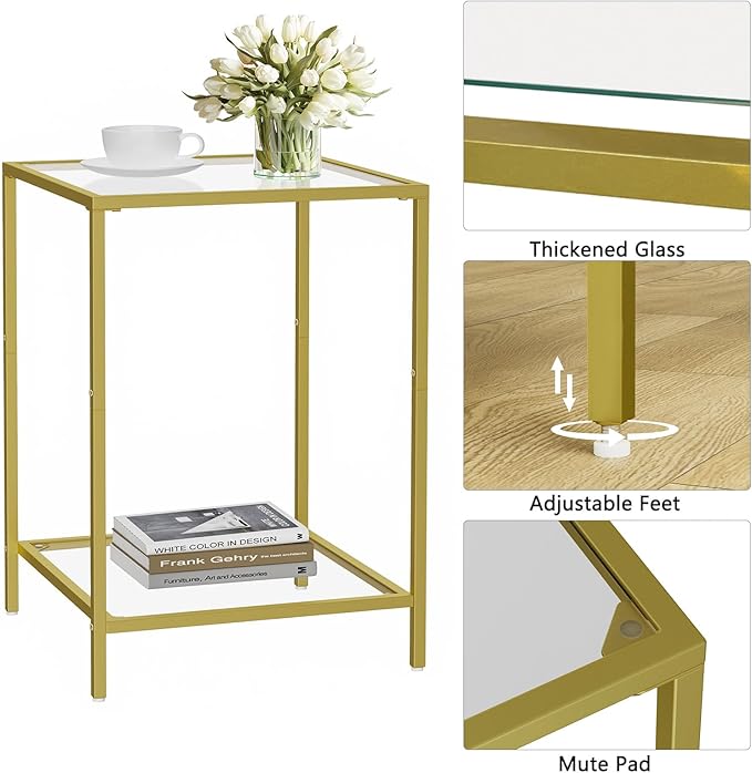 Side Tables Set of 2, End Table with Tempered Glass, 2-Tier Nightstands with Storage Shelves, Coffee Table with Modern Style, Square Sofa Table for Living Room, Bedroom, 15.7"D x 15.7"W, Golden