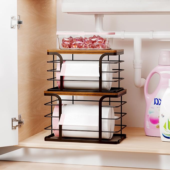 2 Pack Storage Stackable Kitchen Laundry Pantry Organizers,Wall Mount Trash Bag Holder Dispenser with Bamboo Top Countertop Organizer,Brown-NeatNest