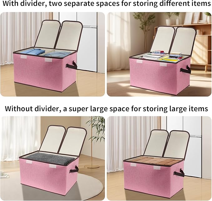 Foldable Fabric Storage Box with Double-Lid & Dividers, Large Organizer for Home, Closet, Office (Pink, 2 Packs)