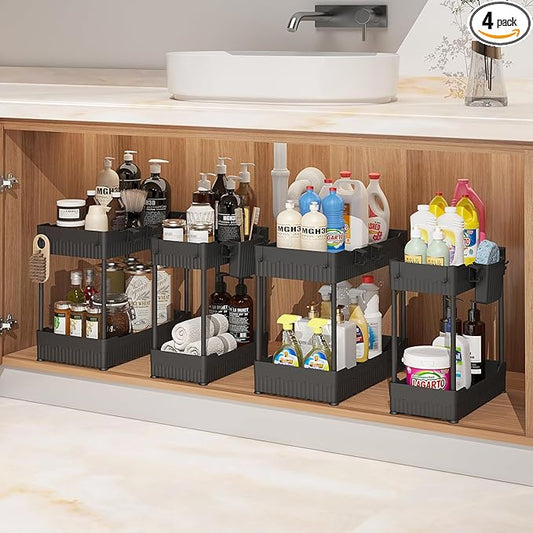 4 Pack Under Sink Organizer, Under Bathroom Cabinet Organizer with Hooks Hanging Cup, Multi-Purpose Storage Shelf for Kitchen Bathroom, Black-NeatNest