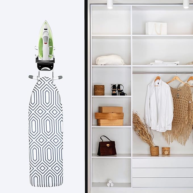 Ironing Board Hanger Wall Mount Electric Iron Holder Iron and Ironing Board Storage Organizer Shelf with Removable Hooks for Household Bathroom Laundry Room (Black)