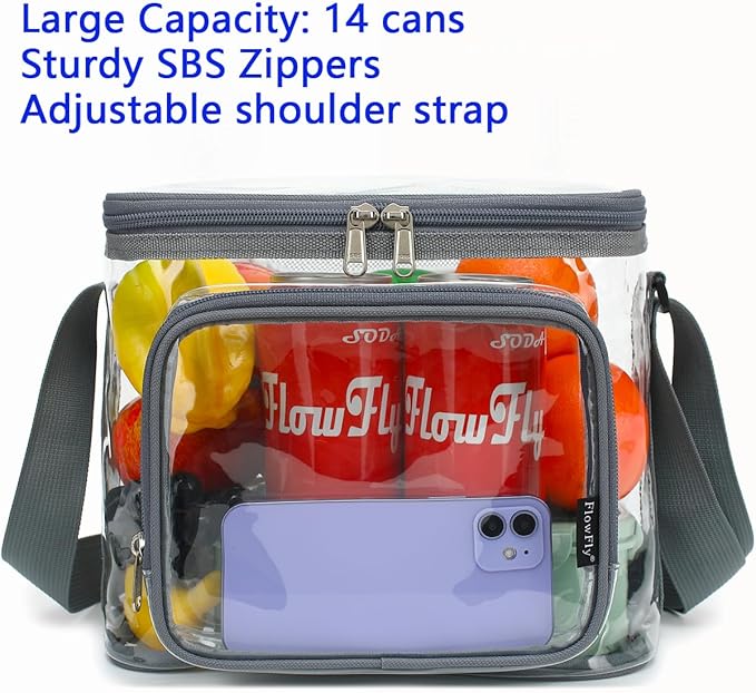 FlowFly Insulated Reusable Lunch Bag Adult Large Lunch Box for Women and Men with Adjustable Shoulder Strap,Front Zipper Pocket and Dual Large Mesh Side Pockets,Clear#Grey-NeatNest