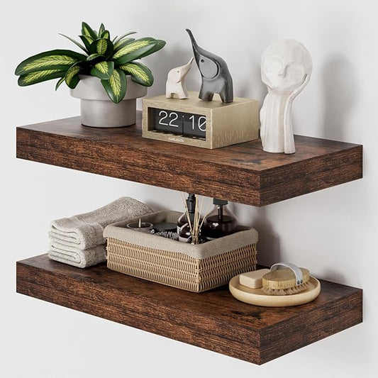 Heimlove 12" Deep Floating Shelves for Wall, 24 Inch Wall Shelf Bathroom Shelves Set of 2, Wall Mounted Shelves for Books Living Room Laundry Room Bedroom Kitchen Home Office, Rustic Brown-NeatNest