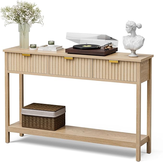 Console Table with Storage, Boho Entryway Table with 3 Fluted Drawers and Shelf, Sofa Table for Living Room, Entryway, Hallway, Natural-NeatNest