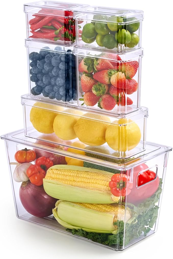 MUCHII 6 Pack Fridge Organizers and Storage, Stackable Fridge Organizer Bins with Lids, Kitchen Organizer Storage Containers for Fruit, Food, Vegetables-NeatNest