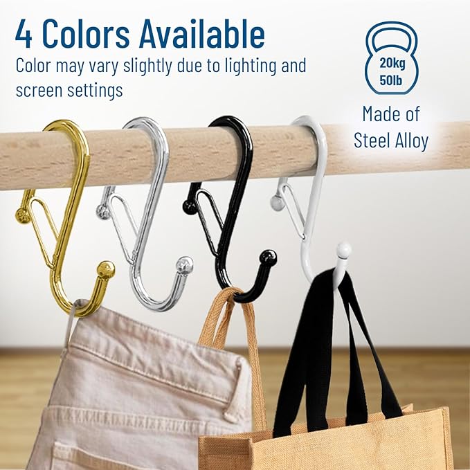 10-Pack Metal S Hooks for Hanging – Heavy-Duty S-Shaped Hook with Safety Buckle – Fits Bars up to 0.8 In – Anti-Drop S-Hooks for Kitchen, Bathroom, Closet & Pot Racks – Gold (Medium)-NeatNest