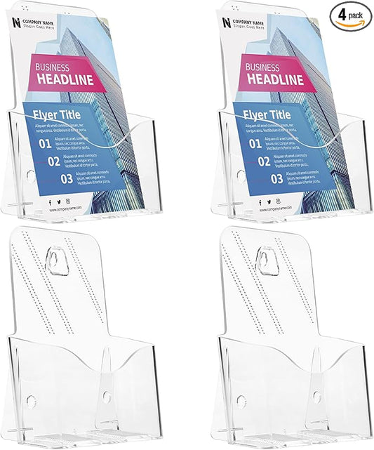 Acrylic Brochure Holder 8.5 x 5.5 Inches, 4-Pack Clear Plastic Display Stand for Half-Fold Flyers, Pamphlets, Menus, Trifold Literature, Wall Mount or Countertop Use