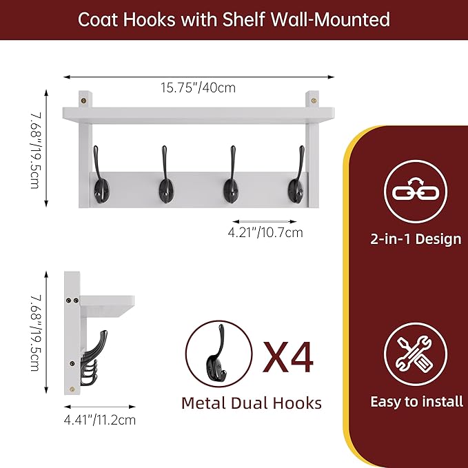 Coat Rack with Shelf Wall Mount, Entryway Bamboo Hanging Shelf, Set of 2, Wall Hook Rail for Hallway Décor, Storage Clothe, Hat, Robe, Key, Dog Leash (White+Black)-NeatNest