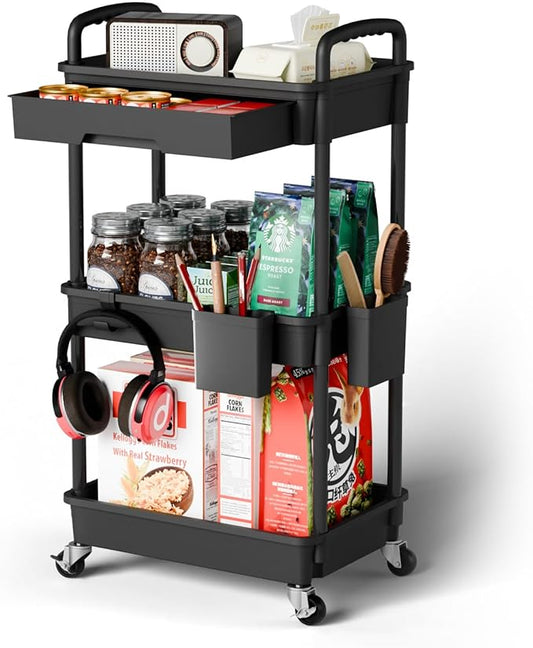 3 Tier Rolling Cart Organizer,Laundry Room Bathroom Organizers and Storage Office Shelves Mobile Shelving Unit Kitchen Trolley Cart with Wheels for Art,Craft,Diaper,Bedside,Snack(Black)-NeatNest