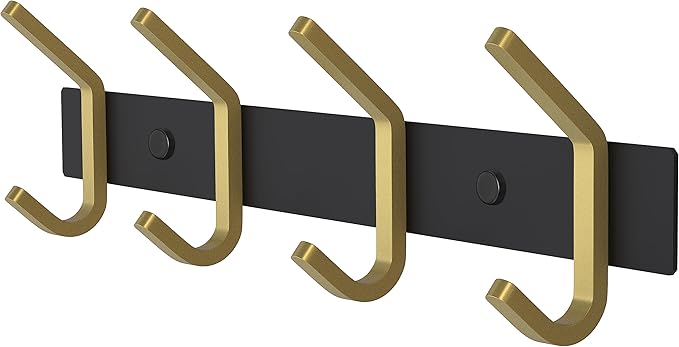 Coat Rack Wall Mount – Black and Gold Hook Rail with 4 Double Coat Hooks, 12 Inch Stainless Steel Wall Hooks for Entryway, Bathroom, Bedroom, Closet, Towel, Hat, Bag, Heavy Duty Organizer-NeatNest