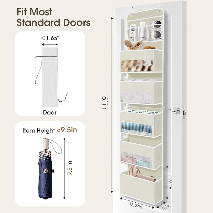 6-Tier Over The Door Organizer, Hanging Storage Organizer with Clear Window, 40lb Ultra Sturdy Large Capacity Room Organizer for Pantry Bathroom Nursery Closet Baby Essential (Beige)-NeatNest