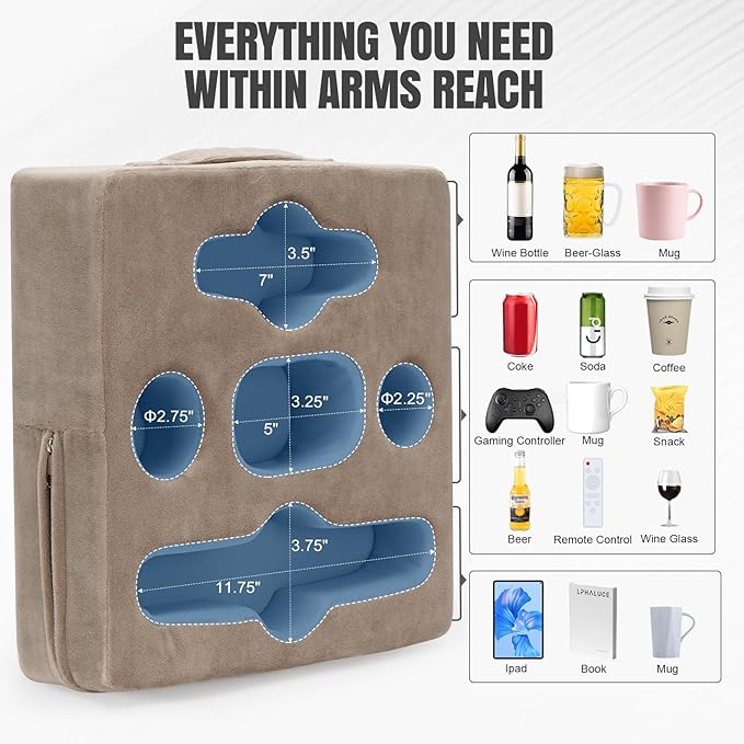 STBoo Couch Cup Holder Pillow Tray - Sofa Drink Cup Holder Cozy Buddy | Bed Caddy Organizer for Remote, Snacks Beverage, Phones, Tablet | Use it on Car, Pack, Beach, RV, Boat, Bedroom (Light Brown)-NeatNest
