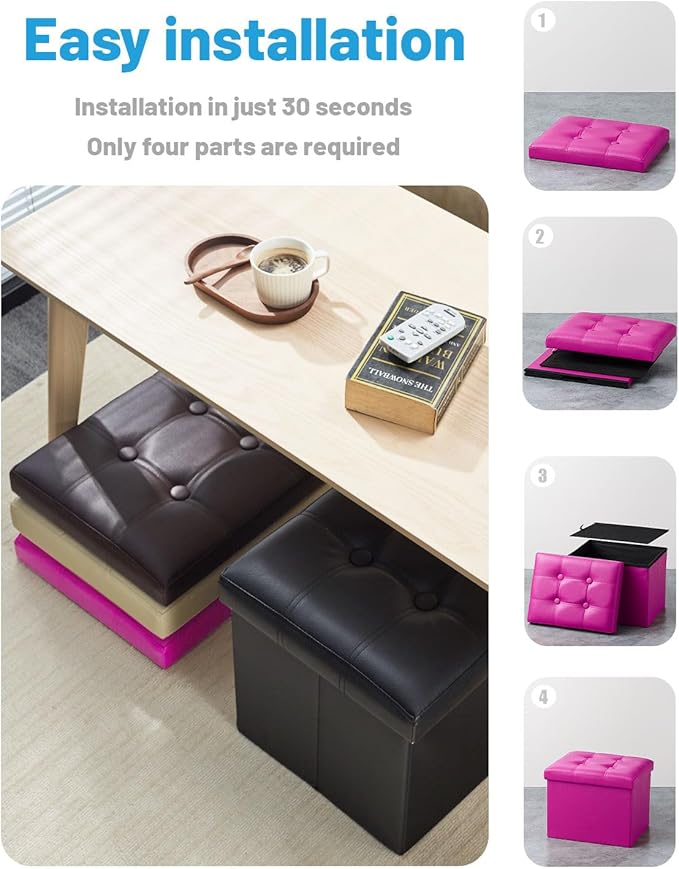 AmasSmile Storage Ottoman Folding Foot Rest Stool, Leather Footstool Bench, Short Ottoman Stool, Storage Foot Rest Store, Books (Rose, 17" D x 13" W x 13" H)-NeatNest
