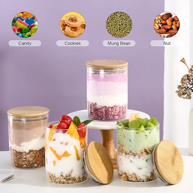 4 Pack Overnight Oats Containers with Bamboo Lids,16 Oz Glass Jars with Airtight Lids for Oats, Cereal, Yogurt, Chia Seed Pudding.Salad Jars Meal Prep