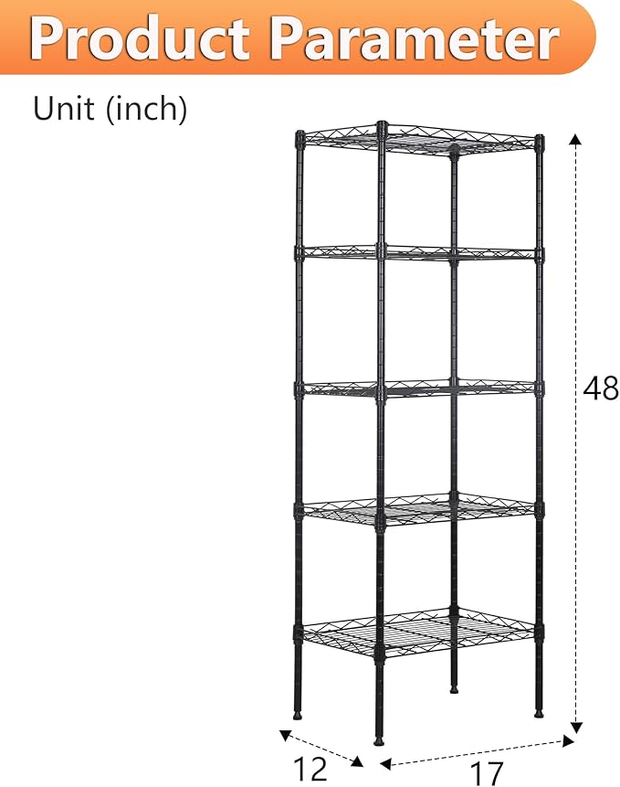 BestOffice 5 Tier Garage Shelving Heavy Duty Metal Shelves 17”D x 12”W x 48”H Easy Assemble Storage Shelves NSF Certified Wire Shelving with Leveling Feet for Garage Home Office, Black-NeatNest