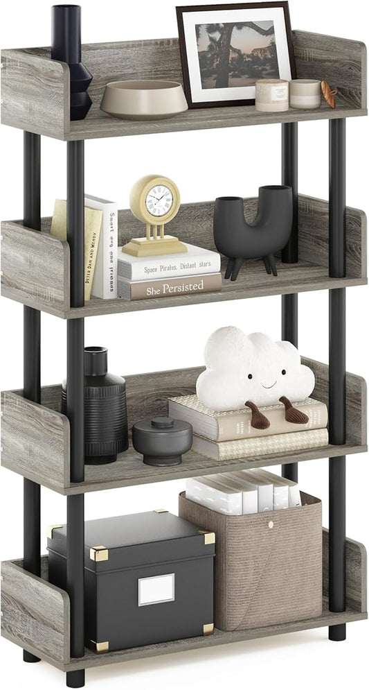Furinno Turn-N-Tube 4-Tier Multipurposes Display Rack, Open Shelf Rack/Storage with Back & Side Panel, French Oak/Black-NeatNest