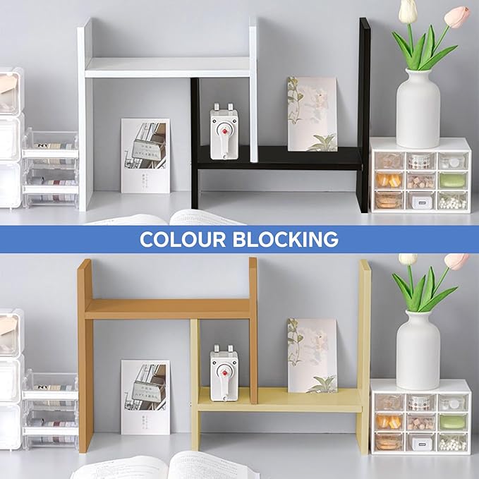 Black Desk Organizer Shelf Wooden Desktop Bookshelf Adjustable Desktop Organizer Shelves Small Book Shelf for Office Desk Supplies Home Storage Natural Stand Decor (Black, Style1)-NeatNest