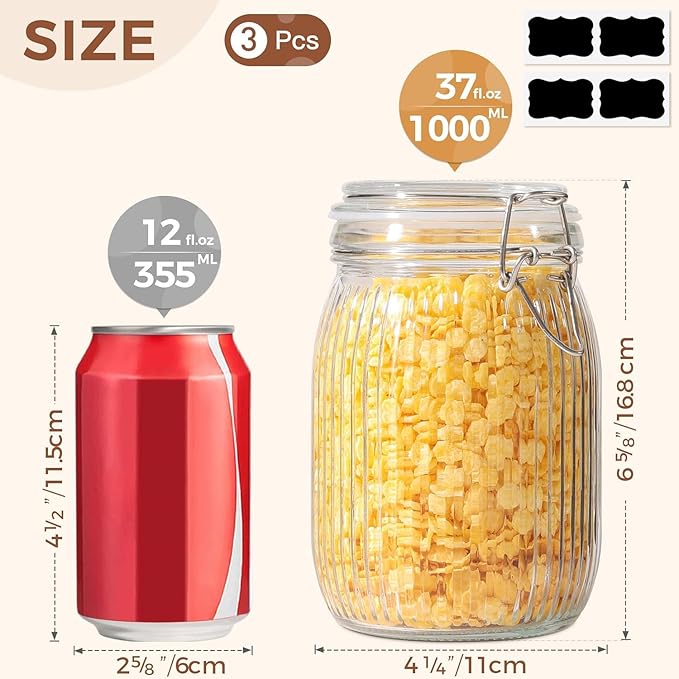 ComSaf Airtight Glass jar with lid 37oz Set of 3, Glass Storage Containers with Lids, Glass Canisters, Striped Clip Fastening Jar for Kitchen Canning, Tea, Pasta, Sugar, Beans, Cookie, Jam, Oat-NeatNest