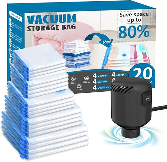 20 Pack Vacuum Seal Bags for Clothing with Electric Air Pump, Space Saver Vacuum Storage Bag for Clothes, Mattress, Blanket, Duvets, Pillows(4 Jumbo/4 Large/4 Medium/4 Small/4 Roll Up Bags)-NeatNest