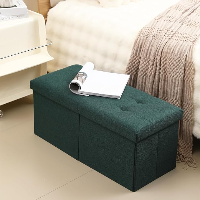 CUYOCA Storage Ottoman Bench Foldable Seat Footrest Shoe Bench End of Bed Storage with Flipping Lid, 75L Storage Space, 30 inches Linen Fabric Emerald, OT026DGN-NeatNest