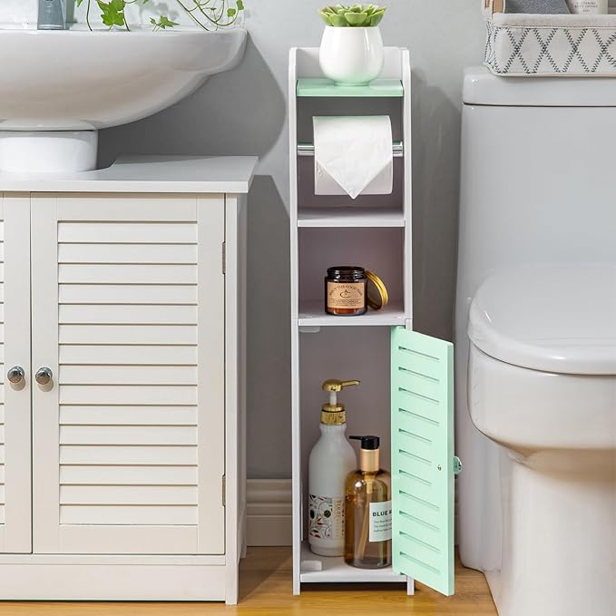 AOJEZOR Toilet Paper Holder Stand: Small Bathroom Storage Cabinet - Mint Green - White-NeatNest