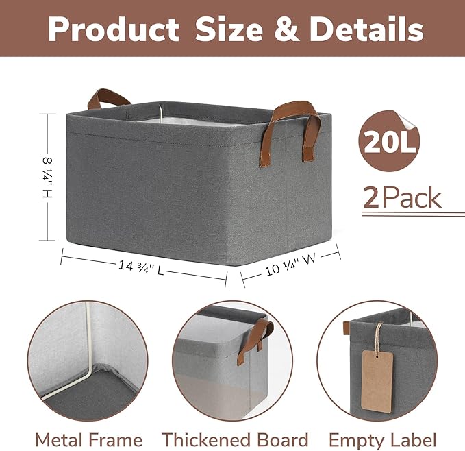 CHICVITA Storage Baskets for Organizing, Fabric Storage Bins for Clothes, Towels, Shoes, Closet Baskets for Bedroom Organizing, 14 ¾" L x 10 ¼" W x 8 ¼" H, Grey, 2-Pack-NeatNest