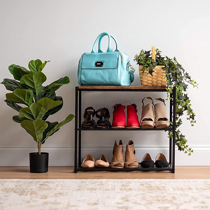 IRIS USA 3-Tier Shoe Rack, Up to 6 Pairs, Shoe Bench for Front Door Entrance, Entryway, Mudroom Bench, Shoe Organizer for Closet, Shoe Storage Shelf, Modern Wood and Metal Shoe Rack Bench