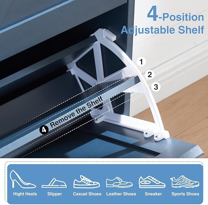 Shoe Storage Cabinet,Farmhouse Shoe Organizer with 4 Flip Drawers & Barn Door Design,Freestanding Hidden Slim Narrow Shoe Rack Cabinet with Open Shelves for Entryway,Foyer,Hallway,Blue-NeatNest