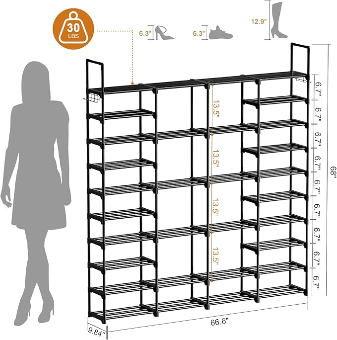 WOWLIVE 4 Row 10 Tiers Extra Large Shoe Rack 72-80 Pairs Big Tall Metal Shoe Shelf, Heavy Duty Organizer for Closet Entryway, Boot Rack Storage Stackable Stand for Garage Black-NeatNest