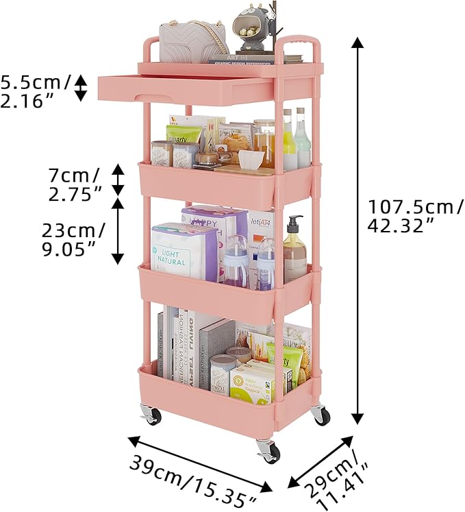 Calmootey 4-Tier Rolling Utility Cart with Drawer,Multifunctional Storage Organizer with Plastic Shelf & Metal Wheel,Storage Cart for Kitchen,Bathroom,Living Room,Office,Pink-NeatNest