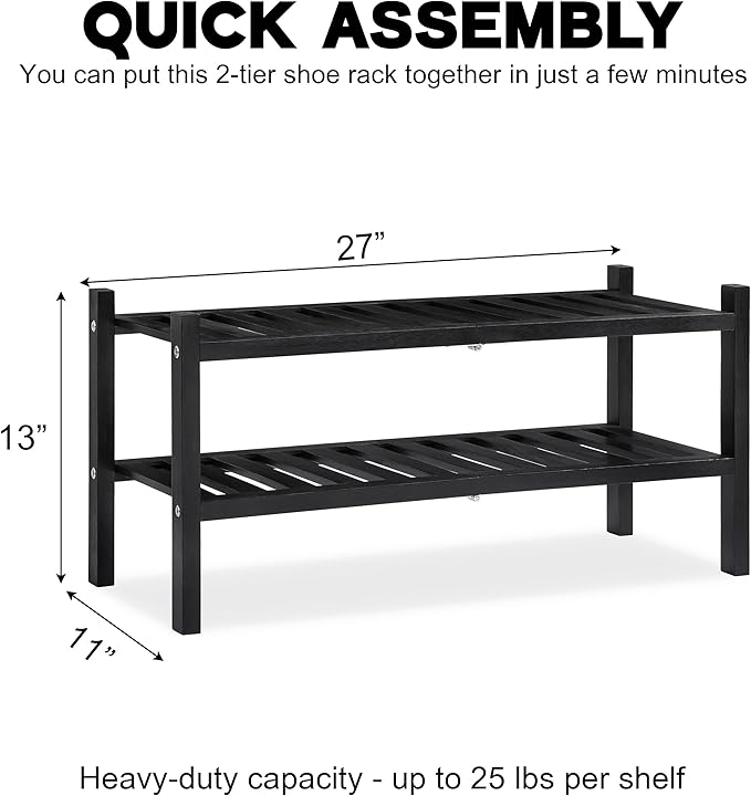 Black Acacia Wood 2-Tier Folding Shoe Rack – Space-Saving Wooden Shoe Organizer Shelf for Entryway, Hallway, Mudroom, or Closet – Compact Indoor Storage for Footwear & More-NeatNest