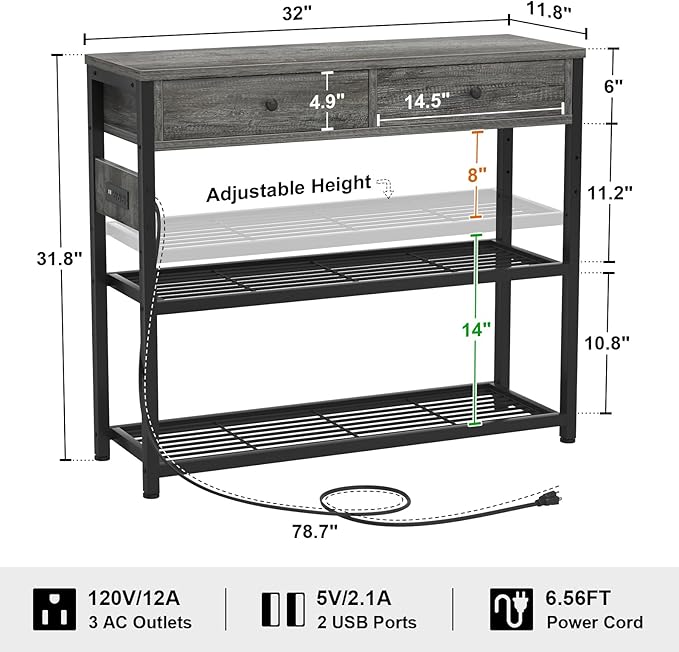 Ecoprsio Entryway Table with Outlets and USB Ports, Small Console Table with 2 Drawers, Sofa Table with Storage Shelves for Living Room, Couch, Hallway, Foyer, Kitchen Counter, 32'', Grey Oak-NeatNest