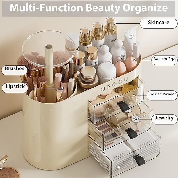 Makeup Organizer with Drawers for Vanity, 4 Slot Brush Holder with One Touch Open,Spacious Cosmetic Storage for Dresser Vanity and Bathroom Countertop, Beauty Holder for Lipstick Skincare(White)-NeatNest