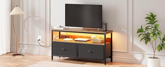 39" TV Stand for TVs up to 50", Media Console with Charging Station & LED Lights, 2 Drawer Storage Chest, Gaming Entertainment Center with Storage for Living Room, Brown, Medium-NeatNest