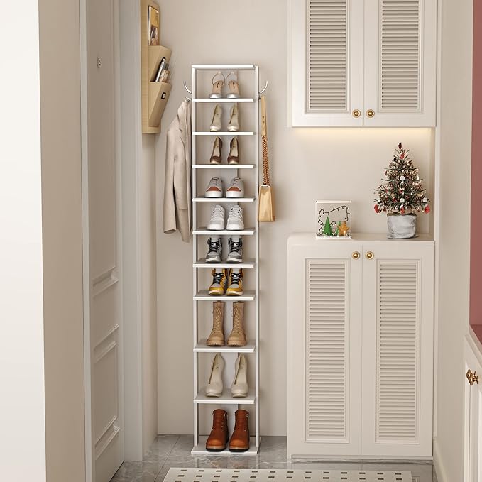 HOMEFORT 10-Tier Vertical Shoe Rack, Corner Shoe Tower, Slim Shoe Organizer with Two Hanging Hooks, Wooden Shoe Storage Stand for Entryway, Hallway, Closet (White)-NeatNest