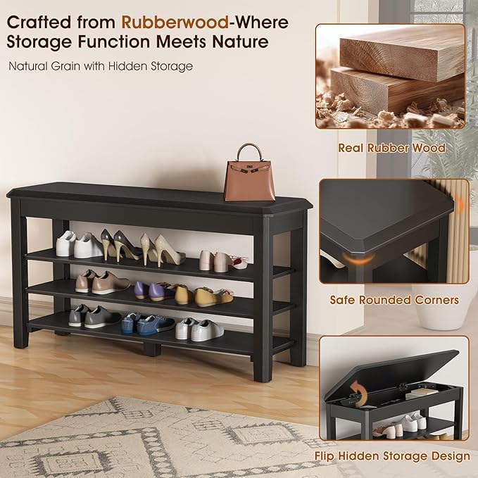 Shoe Rack Bench Seat Rubberwood 3-Tier Wooden Storage Bench 550lbs Compact Mid-Century Modern Design for Entryway, Hallway, Closet, Front Door Entrance, Foyer-NeatNest