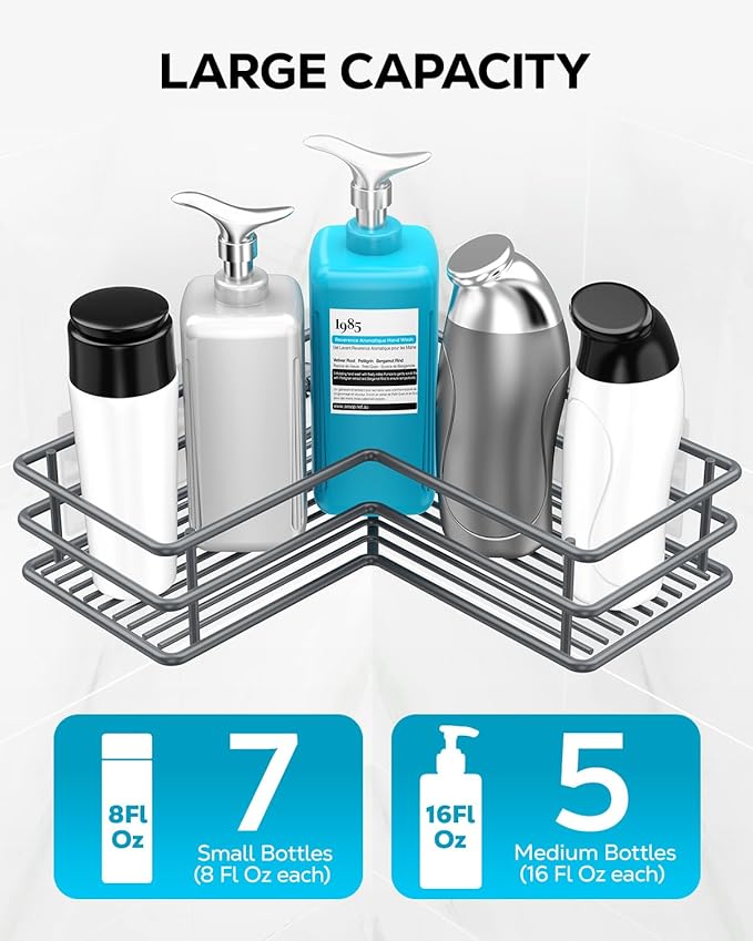 Nieifi Adhesive Corner Shower Caddy Shelf Basket Rack with Hooks, Rust Proof Stainless Steel Bathroom Shelf Shampoo Holder No Drilling (Gray)