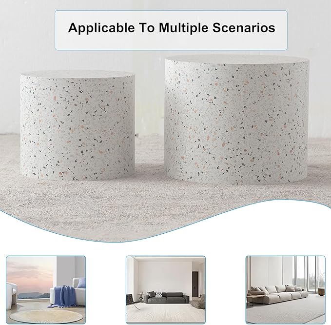 Nesting Coffee Table Set of 2 Wood Circle Drum Coffee Tables Set Contemporary Fluted Coffee Table Round Wooden Coffee Tables for Living Room & Small Space (Travertine)