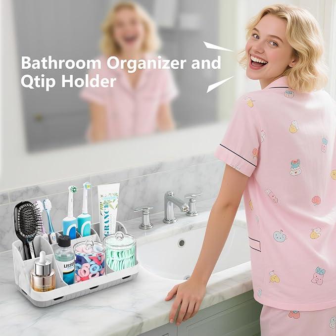 Bathroom Toothbrush Holder Set with 2 Pack Qtip Holder Dispenser - Detachable 7 Slots Bathroom Accessory Set, Kids Marble Bathroom Sink Counter Set, Bathroom Essentials Decor, Grey