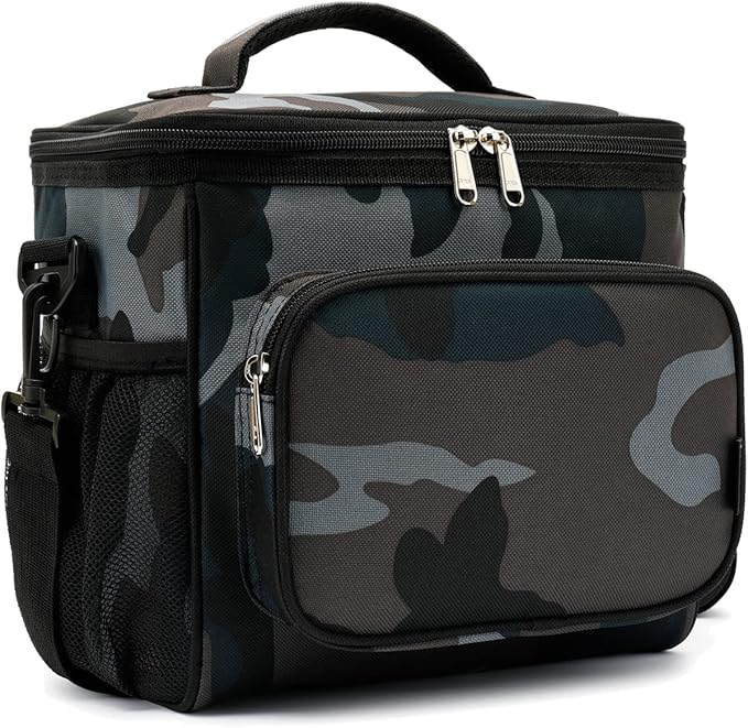FlowFly Insulated Reusable Lunch Bag Adult Large Lunch Box for Women and Men with Adjustable Shoulder Strap,Front Zipper Pocket and Dual Large Mesh Side Pockets,BlackCamo-NeatNest