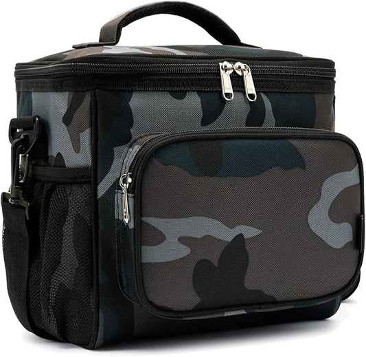 FlowFly Insulated Reusable Lunch Bag Adult Large Lunch Box for Women and Men with Adjustable Shoulder Strap,Front Zipper Pocket and Dual Large Mesh Side Pockets,BlackCamo-NeatNest