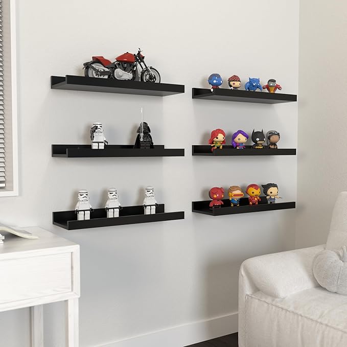 Floating Shelves Set of 6, Black Wall Shelves with Lip, Display Shelves for Wall Decor, Modern Picture Ledge for Living Room, Bedroom, Nursery, Bathroom, Pictures, Books, Plants- Black-NeatNest