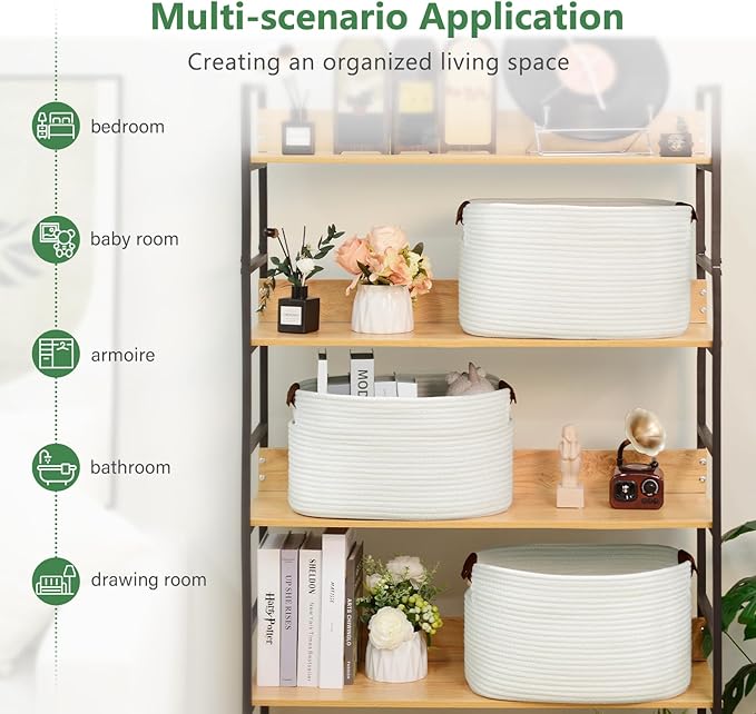 Cotton Rope Basket , Storage Baskets with Handle, 15x10x9 Inch Woven Basket for Shelves, Laundry, Towels, Clothes, Books, Toys (White 2Pack)-NeatNest