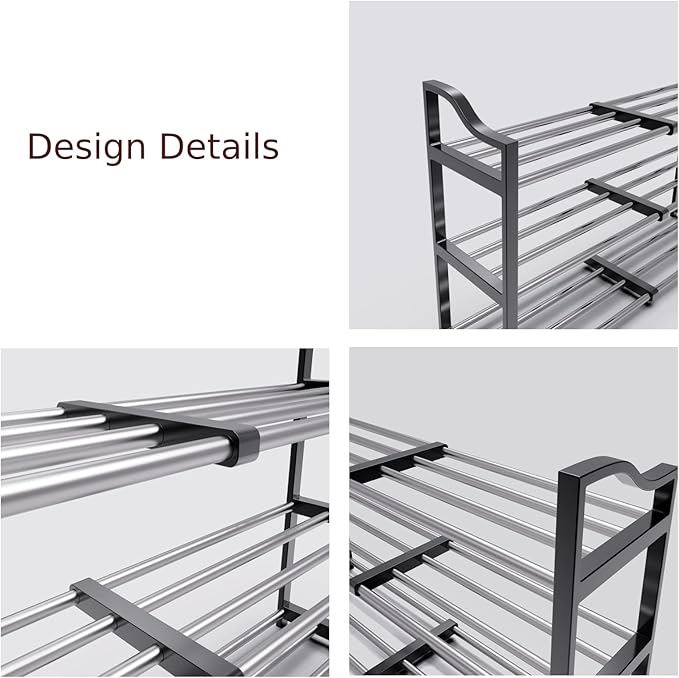 3-Tier Shoe Rack Expandable Shoe Rack for Closet Small Shoe Storage Rack for Entryway Adjustable Shoe Shelf for Small Space, Metal Shoe Organizer for Garage, Front Door Entrance