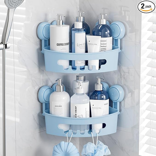 TAILI Suction Corner Shower Caddy, Bathroom Shelf Storage Basket Wall Mounted Organizer for Shampoo, Conditioner, Plastic Rack for Kitchen and Bathroom, Drill-Free Removable -Blue