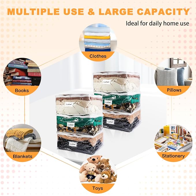 Clear Zippered Storage Bags Plastic Sweater Storage Bags with Zipper 6 Packs Clothing Organizer for Blankets Linen Sweater Bed Sheet Quilt Clothes Pillow (18 x 15 x 9 Inch)-NeatNest