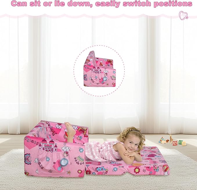 Foam Kid Sofa Couch, 2 in 1 Convertible Sofa to Bed for Baby,Velvet Toddler Sofa Chair with Side Pocket for Kid Playing (W29.92) (Pink)-NeatNest