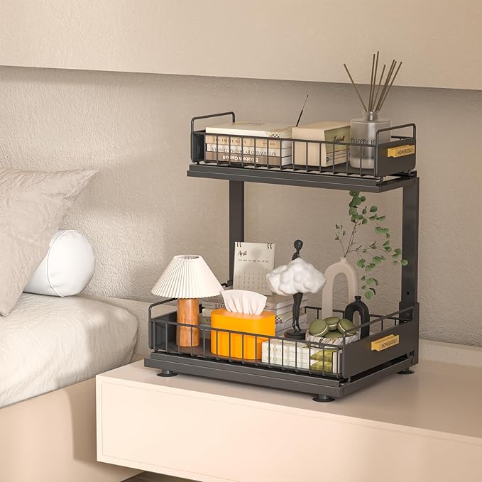 Under Sink Organizer, Pull Out Kitchen Cabinet Organizer, 2-Tier Metal Under Sink Organizers and Storage Height-Adjustable, Kitchen Bathroom Organizers and Storage Shelves, Black-NeatNest