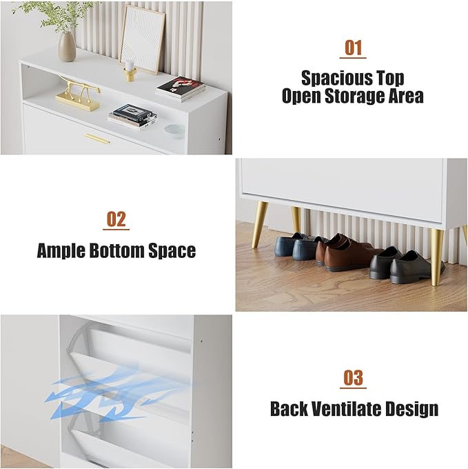 JOZZBY Shoe Cabinet for Entryway, White Narrow Shoe Storage Cabinet with 2 Flip Drawers, Freestanding Hidden Shoe Rack Storage with Open Shelves for Hallway, Living Room, Set of 2-NeatNest