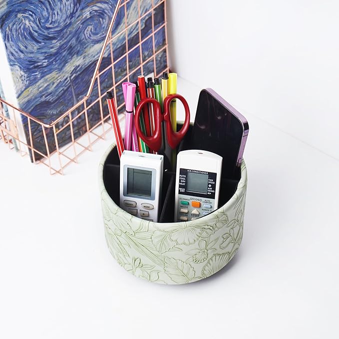Hennaja Round Leather Art Supply Organizer,Remote Control Holder,360 Degree Spinning,Multi-Functional Pencil Holder,4 Compartments Desktop Stationary Organizer(1-Carved Green)-NeatNest